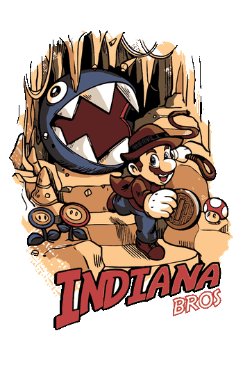 Mashup vectorial de Super Mario caracterizado como Indiana Jones con látigo y sombrero en una cueva del tesoro.